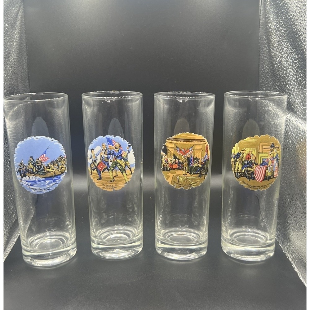 Vintage Set Of 4 Early American Scenes Beer /Wine‎ Drinking Glasses